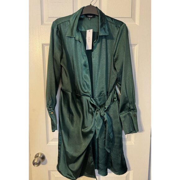 Aakaa Dress M Emerald Green Satin Long Sleeve Tie Front Cut Out NEW - Picture 12 of 15